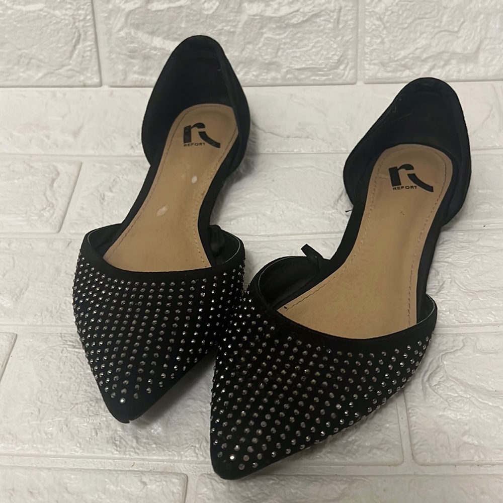 Black side report flat shoe rhinestone